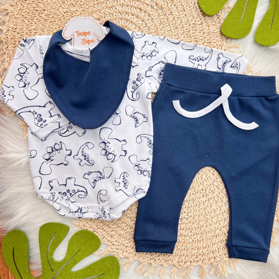 Conj. Body Manga Longa, Calça e Babador Bandana Dino - Azul Marinho e Branco